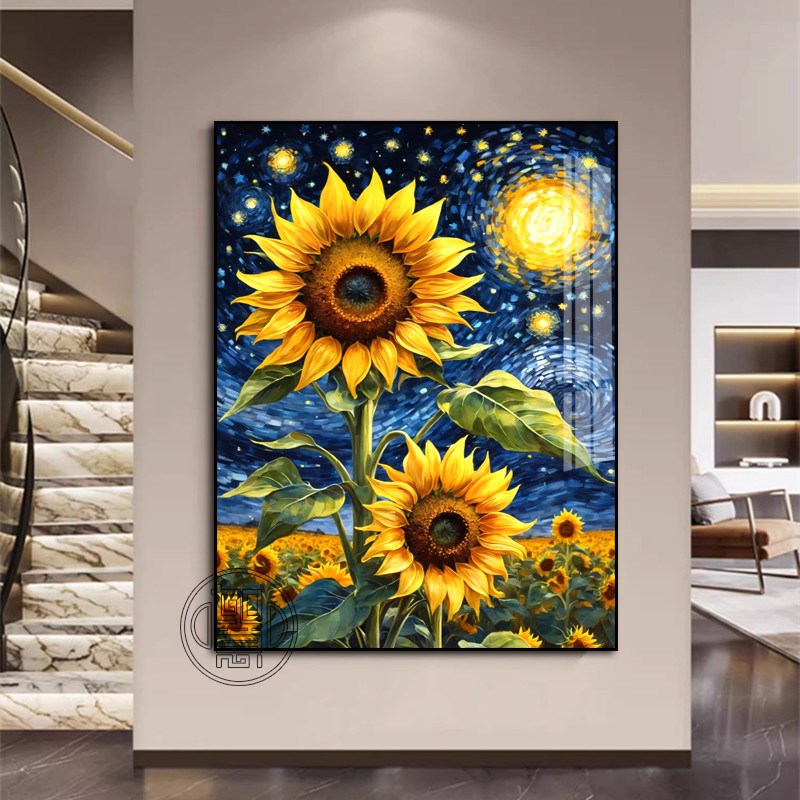 向日葵钻石画满钻新款o客厅砖石贴画带框梵高星空高级感风景粘钻