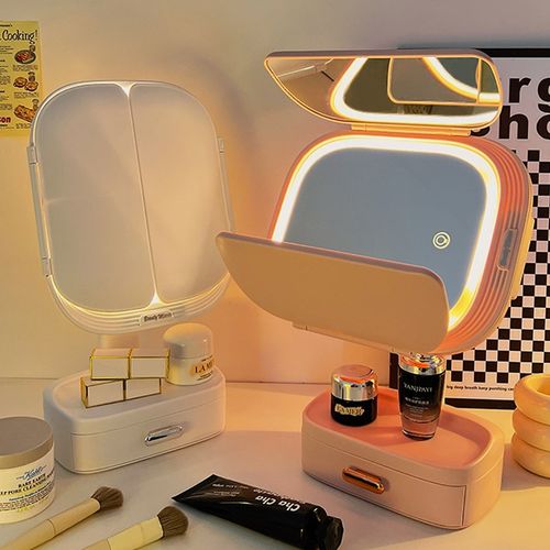 镜子化妆镜台式led灯可折叠家用梳妆台补光公主镜学生宿舍高级感