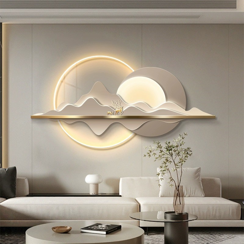 现代轻奢客厅装饰画山水福禄沙发背景墙挂画简约高级感发光壁灯画