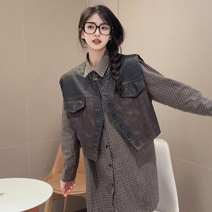 PU皮马甲两件套 连衣裙 248020 K228 现货 P160 格子衬衫