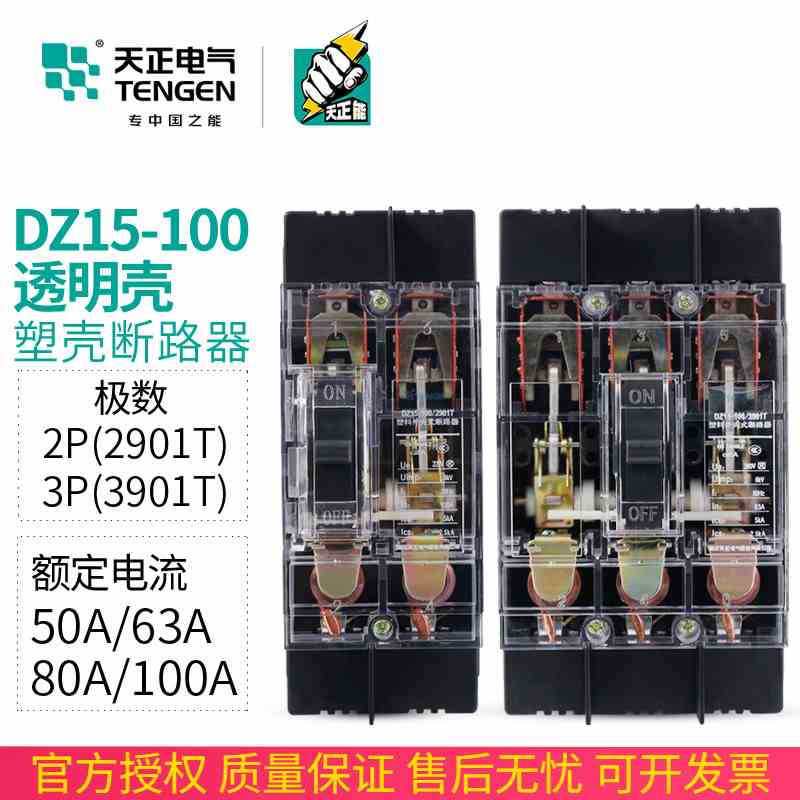 天正DZ15-100/3901T 2901T空气开关塑壳断路器100A63A透明外壳380