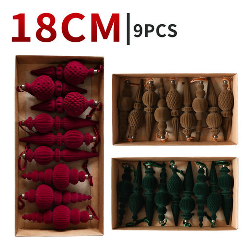 亚马逊新款纯色天鹅绒灯笼锥18CM/9PCS圣诞节植绒塑料圣诞球套装