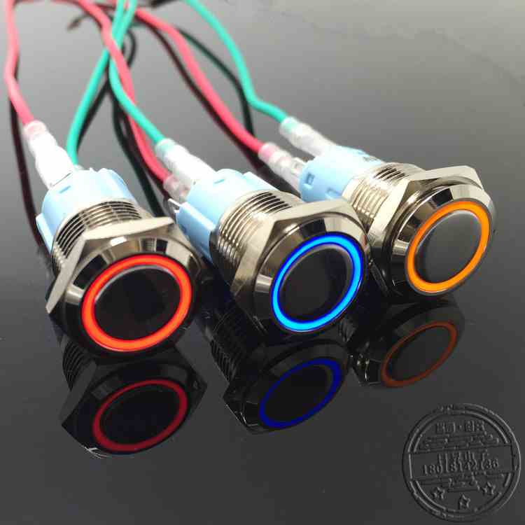 16mm环形带灯带自锁金属按钮天使眼6v12v24v220vLED 1开1闭银触点