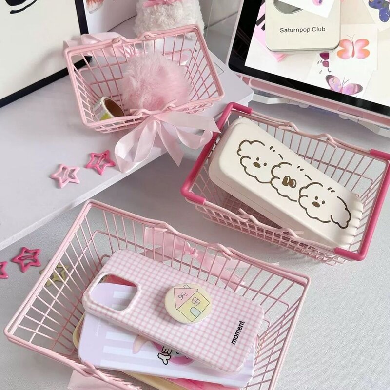 粉色蝴蝶结铁艺迷你购物篮ins少女桌面装饰拍摄道具