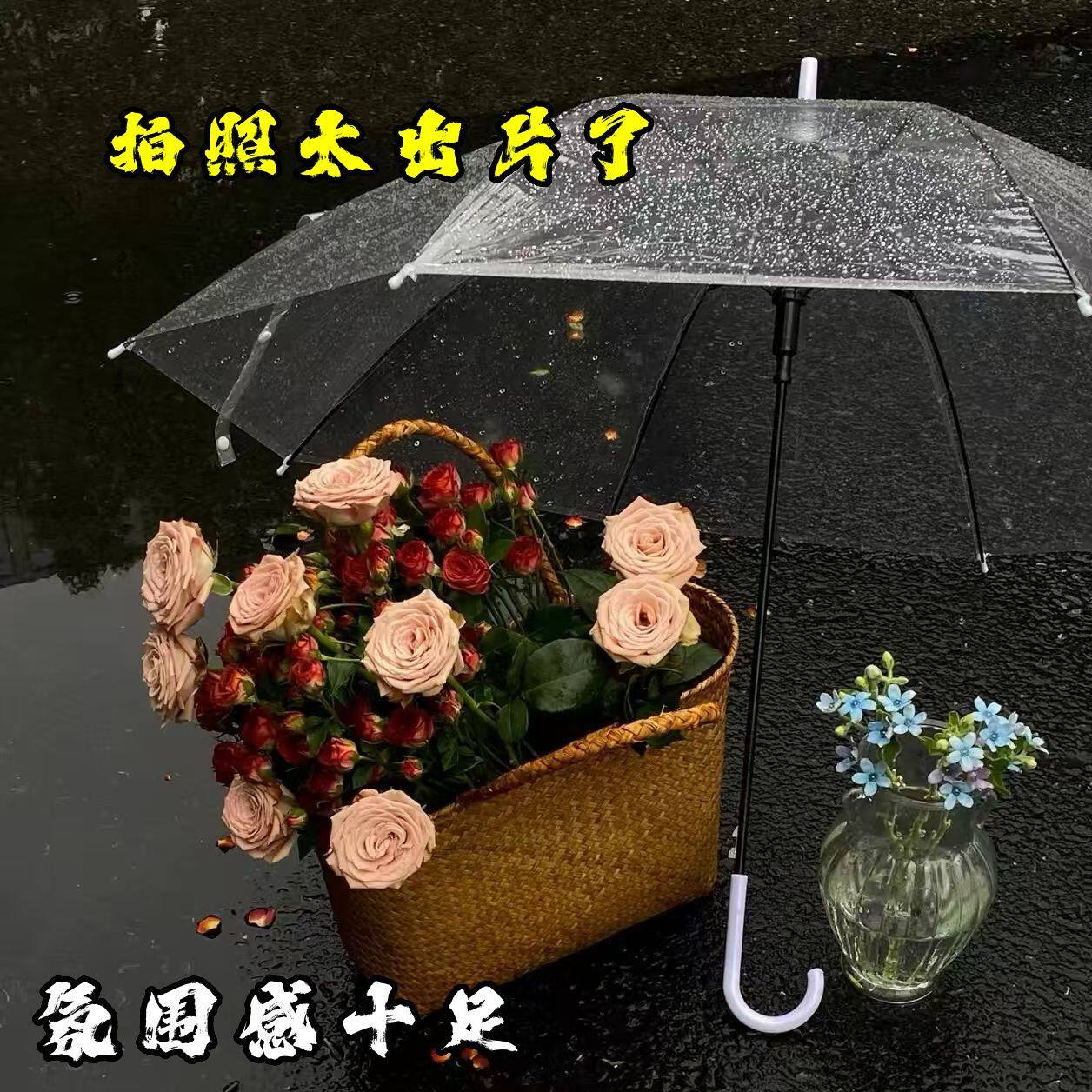 拍照神器纯透明雨伞半自动长柄一次性伞透明伞白色便携式透明雨伞