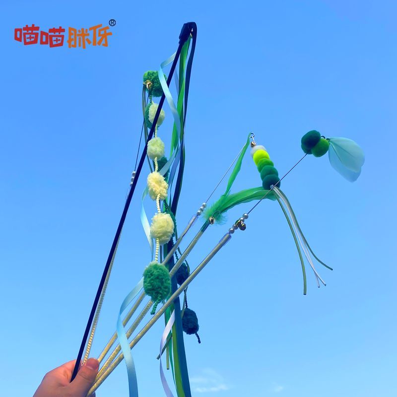 绿色猫玩具羽毛铃铛长杆耐用清仓逗猫棒组合套装猫咪玩具解闷自嗨