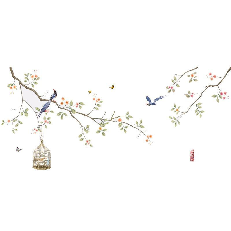 中国风花鸟墙纸自粘贴画卧室房间墙上装饰品防水温馨壁纸贴纸