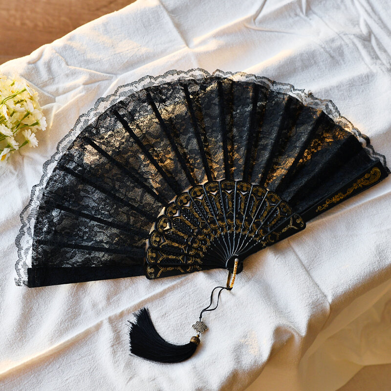 蕾丝羽毛汉服旗袍扇子折扇中国风黑色羽毛古风扇新中式舞蹈跳舞扇