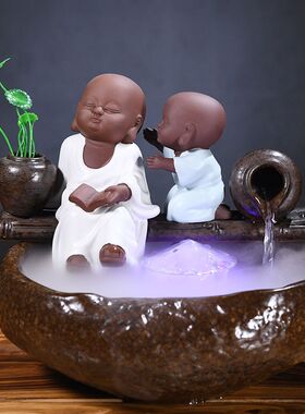 中式禅意小和尚景观喷泉流水摆件 陶瓷创意家居加湿循环抽水器