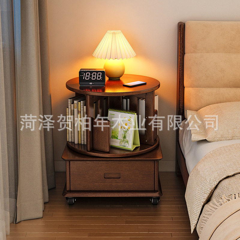 实木床头书柜移动家用卧室现代简约置物架储物柜带轮旋转书架一体