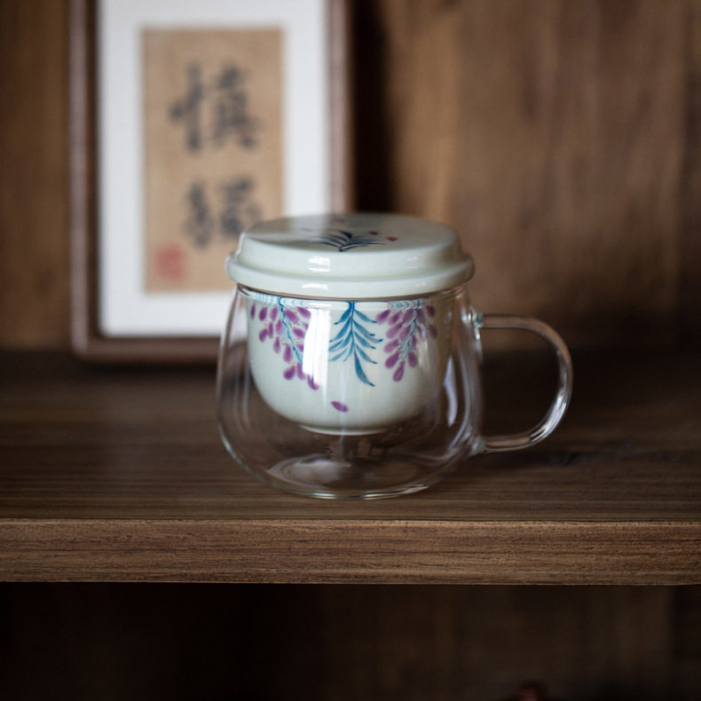 手绘泡茶杯马克杯茶水分离陶瓷内胆办公室被子玻璃过滤带把马克杯