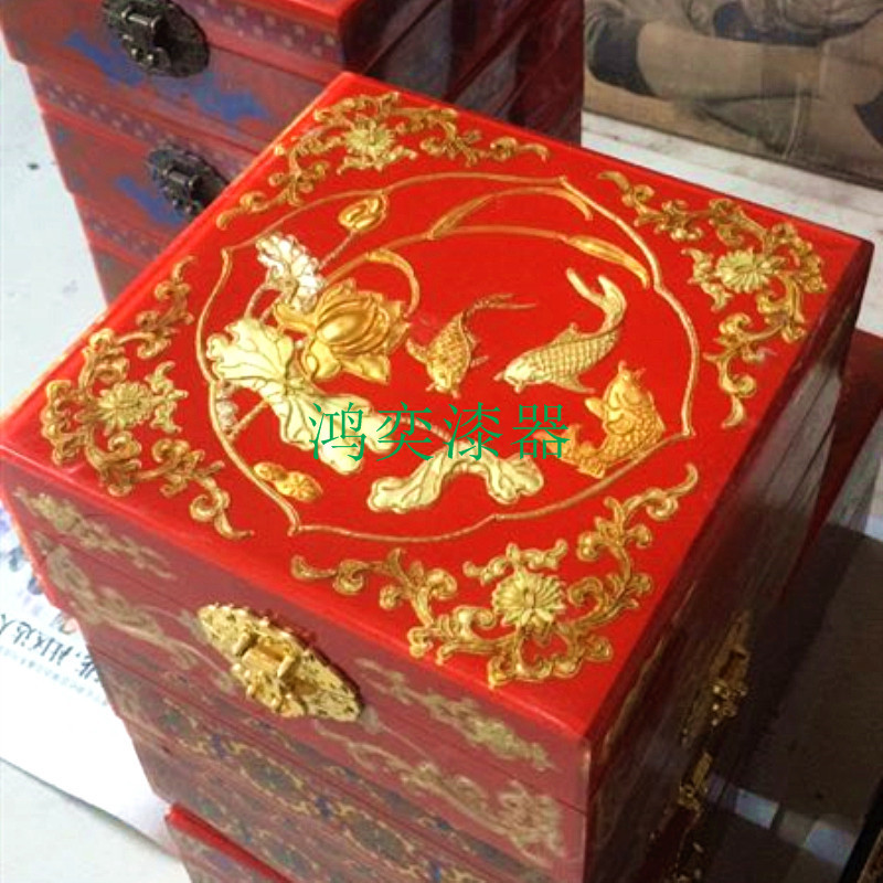 新中式漆器首饰盒木质贴金手绘工艺镶嵌铜丝镜面玻璃光漆器收纳盒