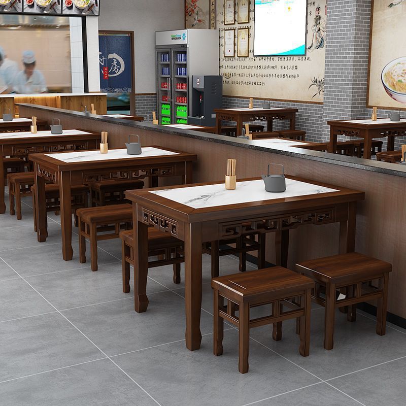 餐饮店实木复古雕花碳化餐桌椅