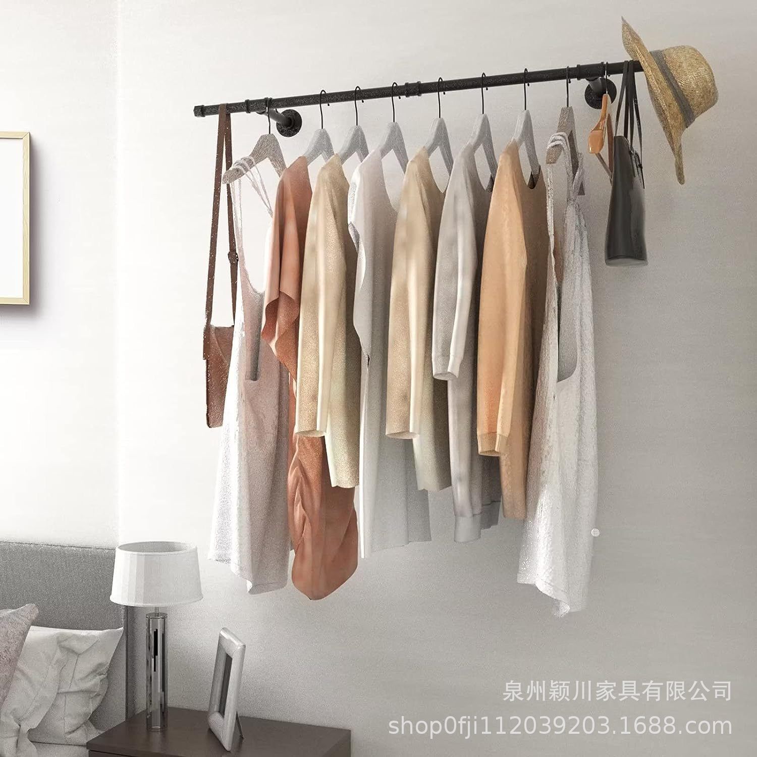 跨境壁挂式晾衣架工业风铁艺水管服装架现代黑色置物架多功能挂杆