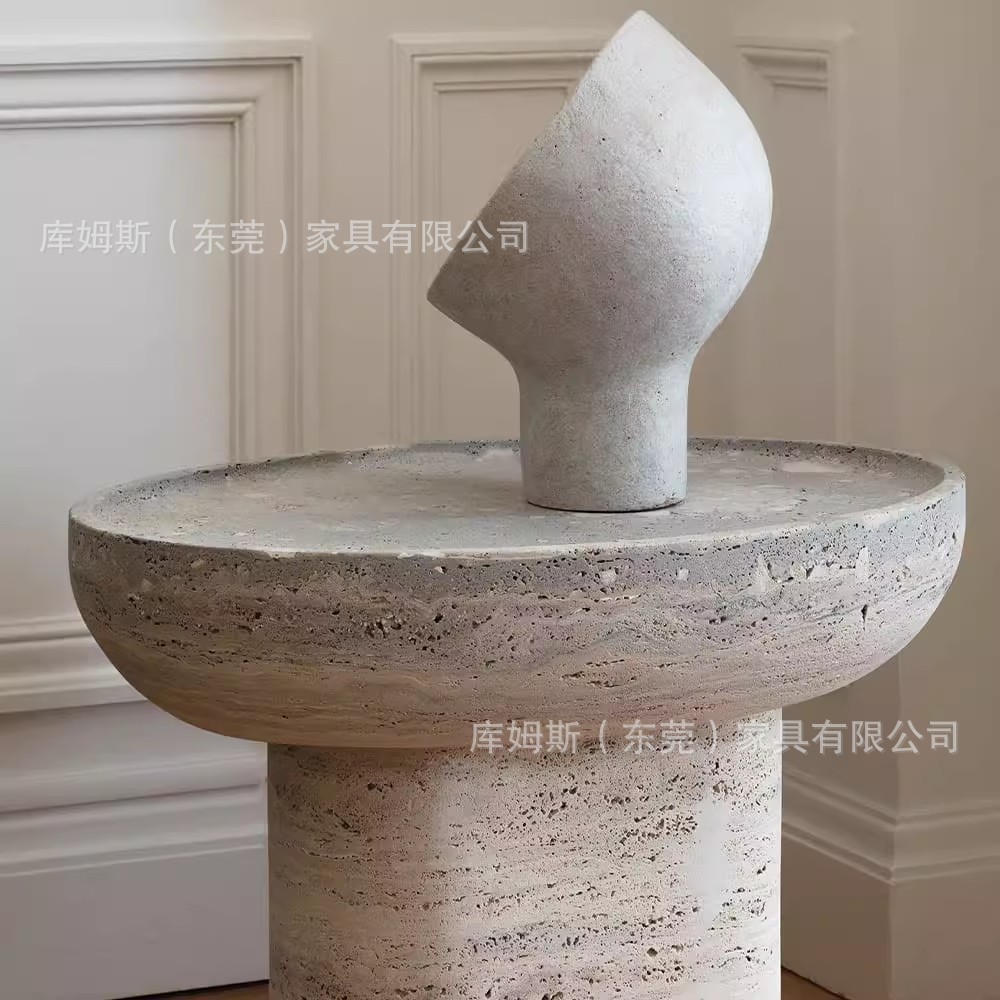 北欧风简约灰洞石客厅沙发边几家用小户型椭圆形阳台茶桌轻奢角几