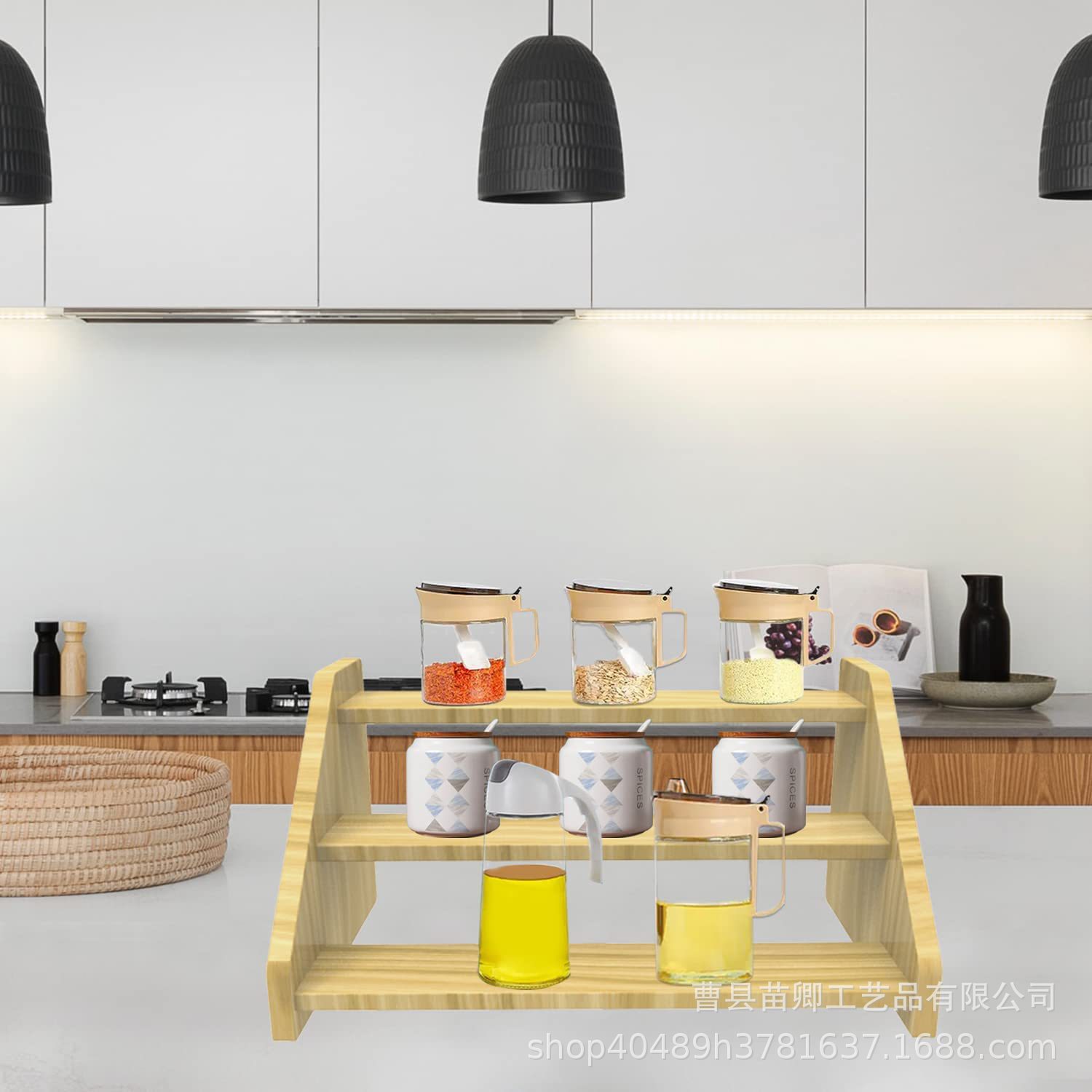 厂家批发厨房阶梯式多层置物架桌面化妆品置物架家用木制调料架