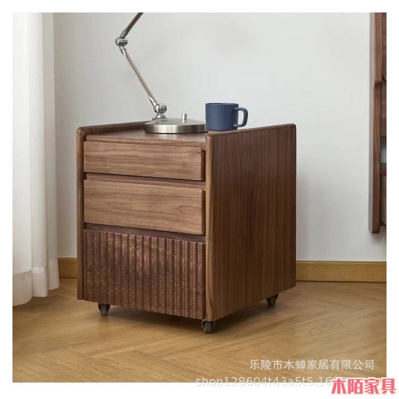 床头柜黑胡桃木全实木轻奢可移动床边柜北欧卧室储物柜客厅收纳柜