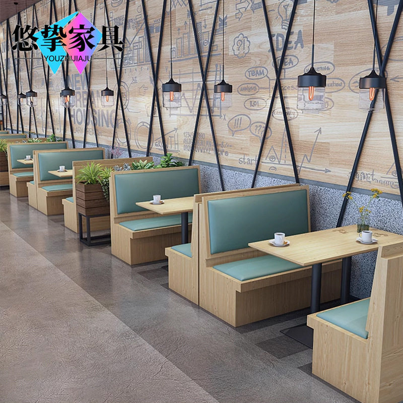 实木主题西餐厅靠墙卡座 咖啡厅餐吧食堂茶餐厅饭店沙发桌椅组合