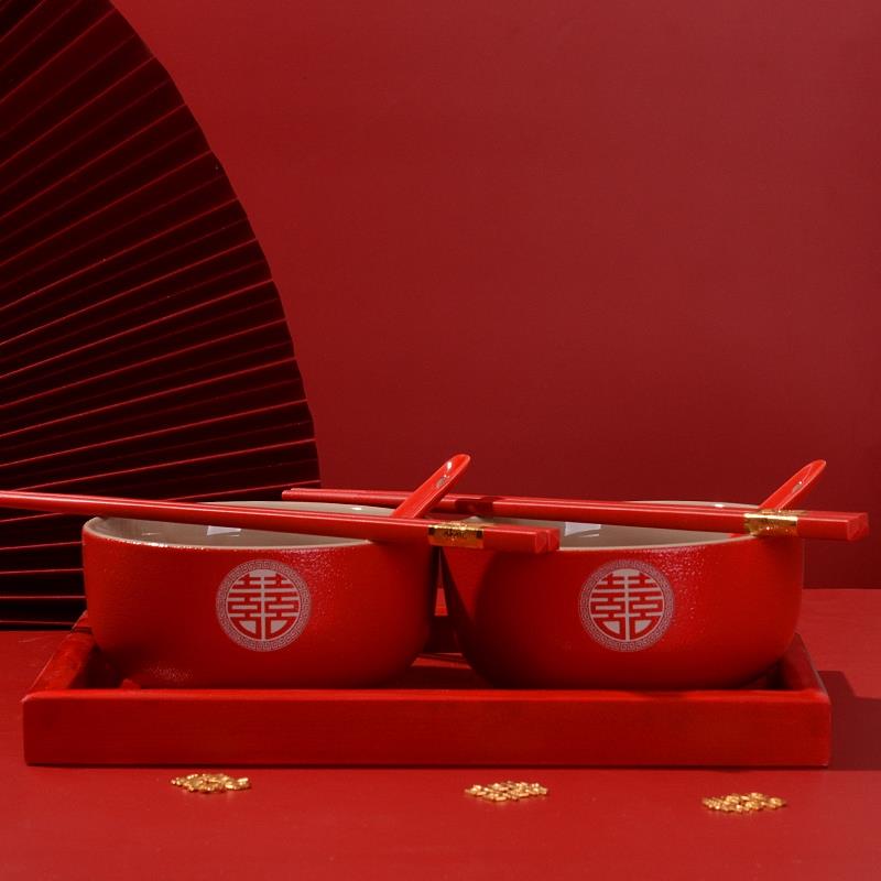 红色托盘 结婚改口敬茶杯盖碗方盘 红色喜对碗盘子茶杯碗筷套装