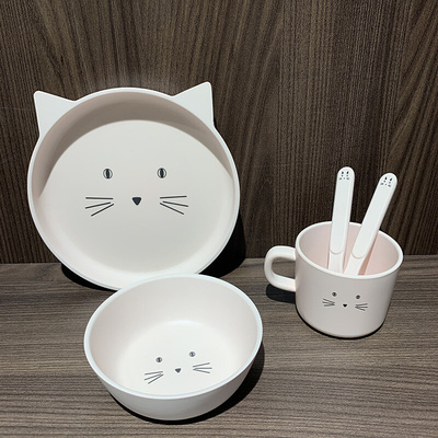 。日本NITORI尼达利 竹纤维儿童餐具套装猫咪餐盘小熊饭碗水杯勺