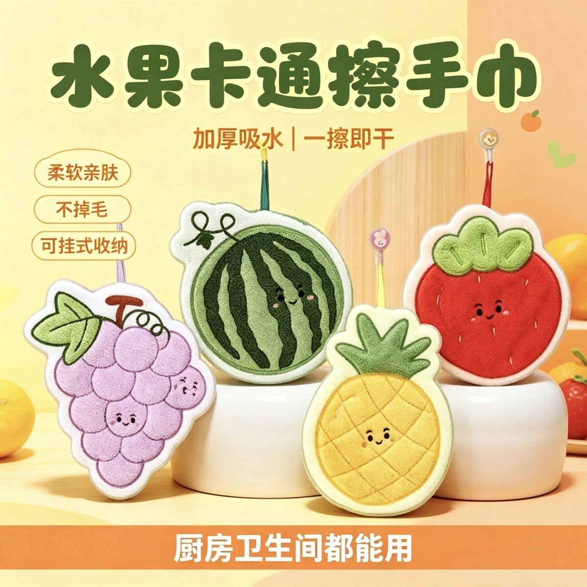 可挂式卡通水果刺绣擦手巾加厚吸水厨房卫生间儿童家居毛巾