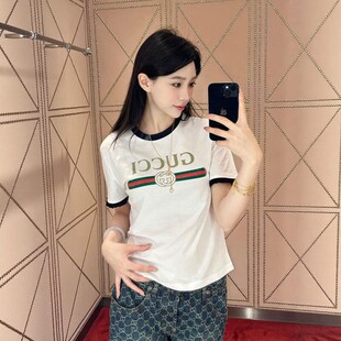 全新国内准现货 小飞袖花边短袖圆领GG字母印花修身T恤上衣女