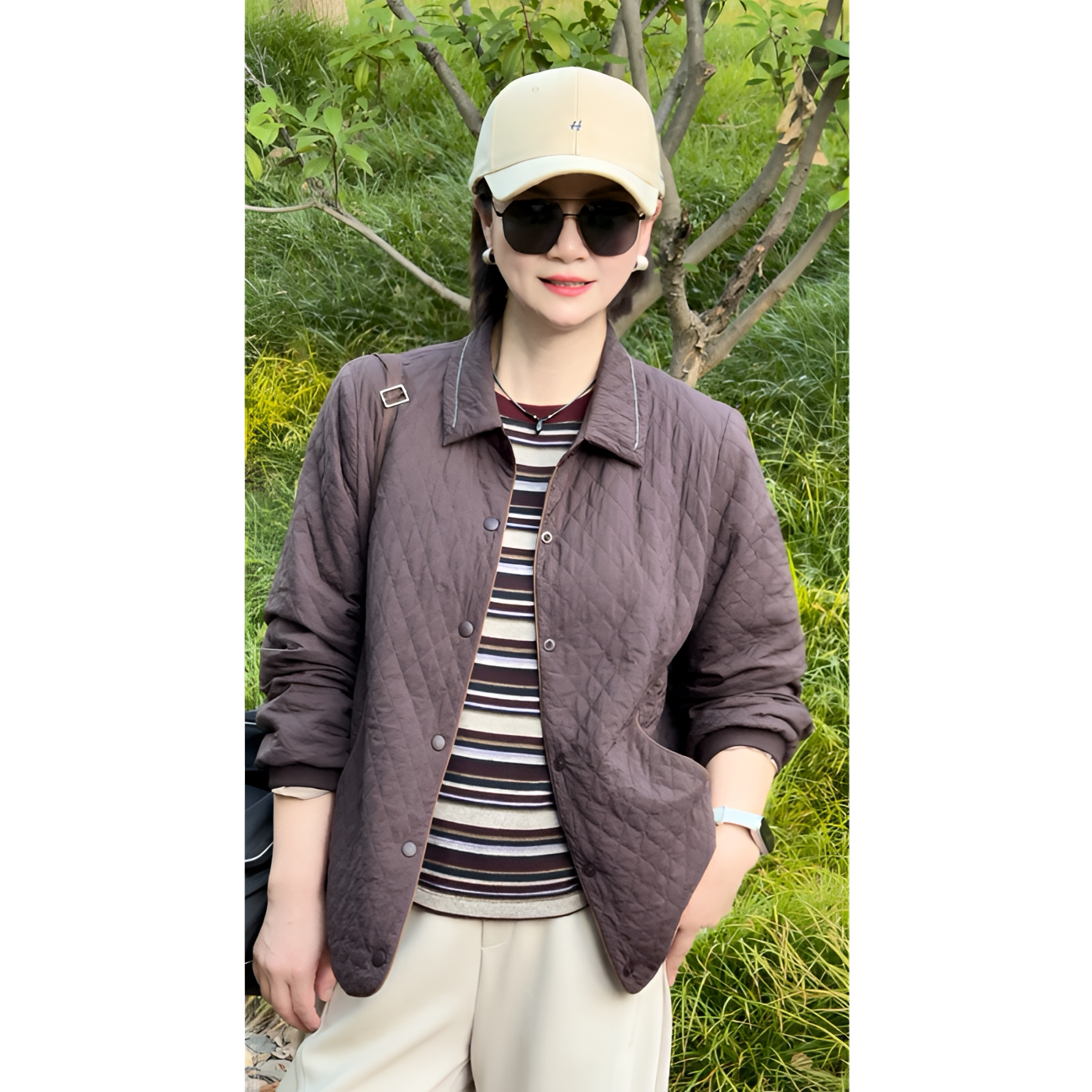 华人杰新款短外套时尚宽松休闲百搭上衣POLO领菱格长袖女外套