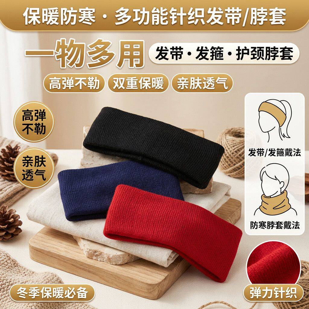 男士防寒小脖套新款纯色针织弹力护颈围脖秋冬宽休闲保暖多用发带