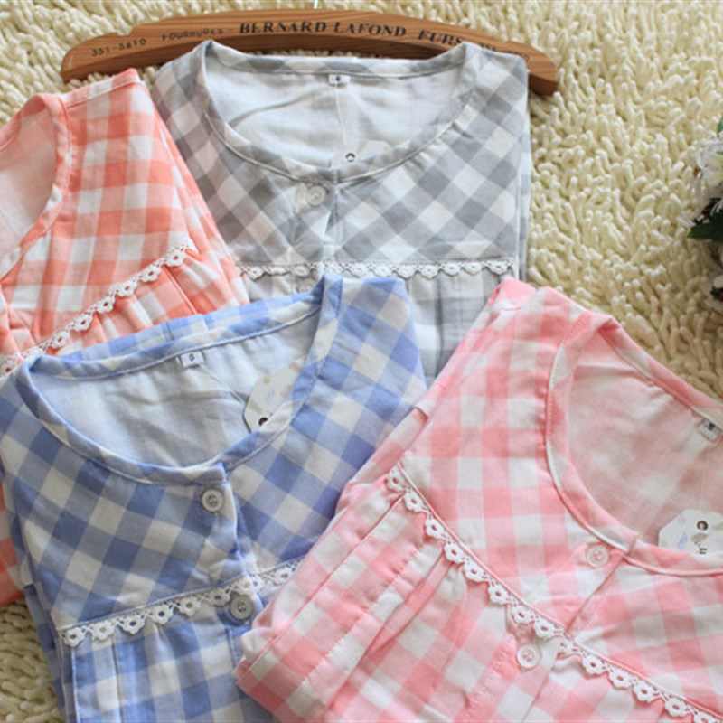 纯棉双层纱布女士长袖睡衣套装加肥大码夏孕妇哺S乳月子服家居睡