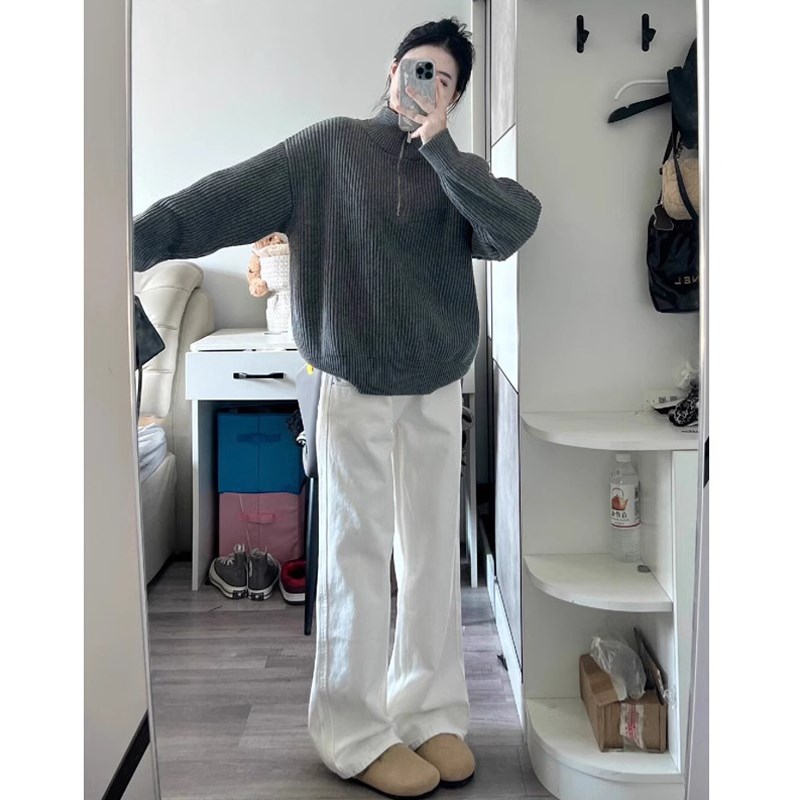 孕妇白色牛仔f裤春秋款外穿宽松休闲阔腿裤时尚显瘦直筒长裤春夏
