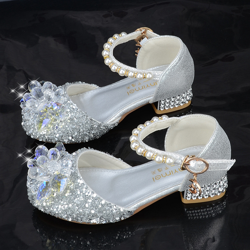 儿童水晶鞋水钻银色公主鞋女童亮片鞋主持钢琴表演出小女孩高跟鞋