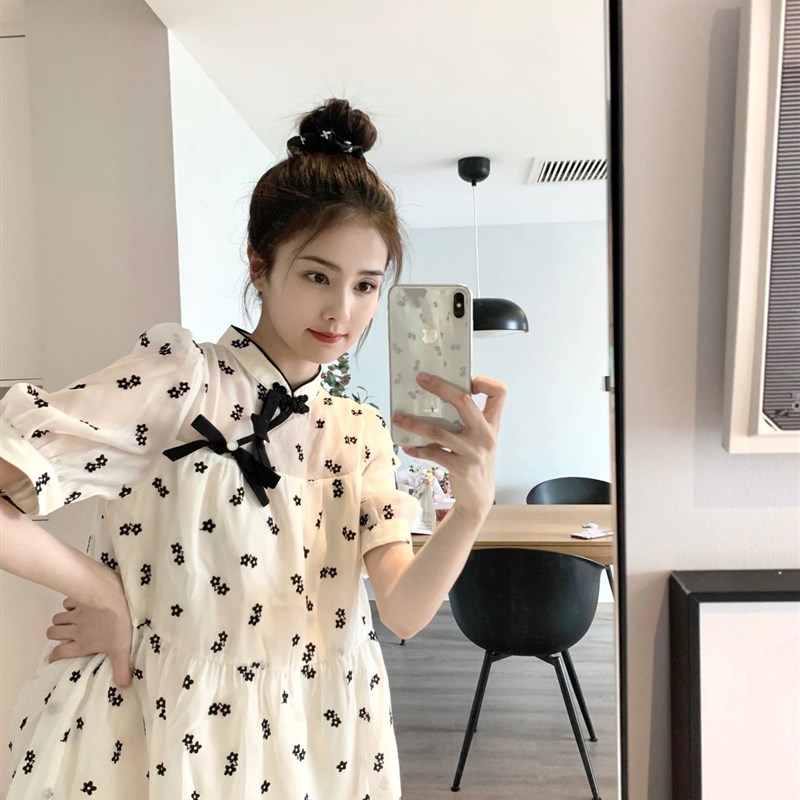 哺乳连衣裙女装夏l季外出辣妈款改良旗袍国风裙子U法式碎花喂奶衣
