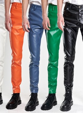 春夏薄款中青年皮裤男士弹力机车B修身小脚绿色酒吧橙橘皮裤男式
