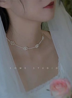 珍珠项链花朵简约脖子饰品颈带项圈新娘配饰超仙颈链颈饰锁骨链女