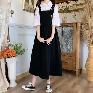 高货速发学院风工装刺绣背带连衣裙女学生中长款韩版显瘦百搭夏季