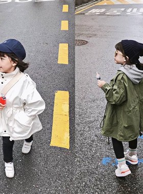 女童绿色白色外套系绳韩版新品春装风衣百搭外衣2024春秋装新款