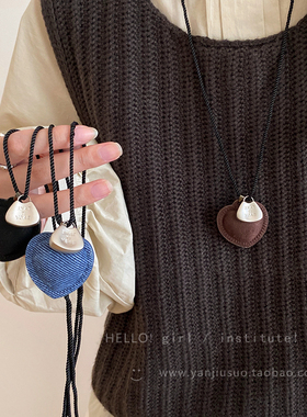 布艺爱心银色吊坠项链女长款挂脖毛衣链轻奢高级感简约百搭配饰品