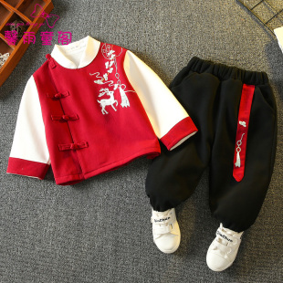 唐装男童冬装加绒套装中国风儿童加厚民族服饰女宝宝汉Z服幼儿园