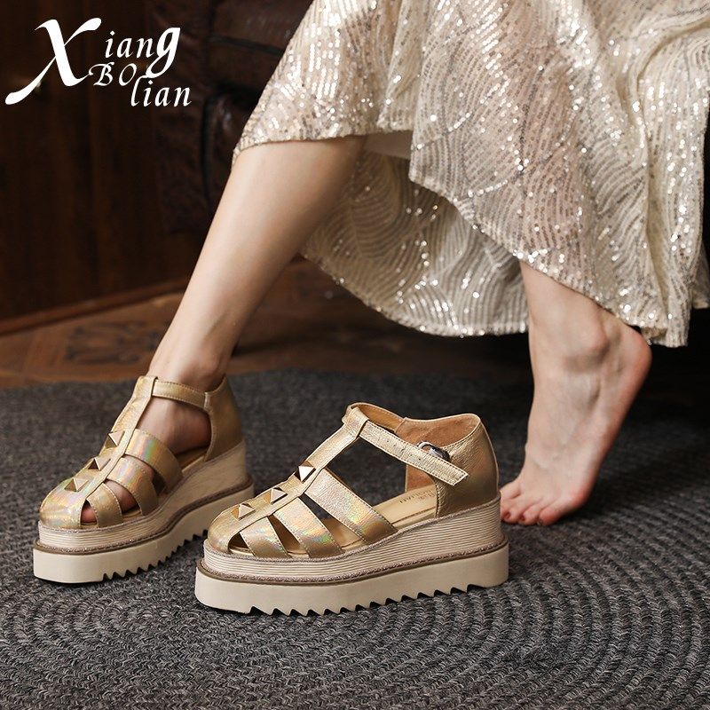 手工鞋 真皮松糕包头n镂空2024新小个子增高厚底凉鞋女夏外穿凉鞋,女鞋,罗马凉鞋,淘宝优惠券,粉丝福利购,淘宝优惠卷