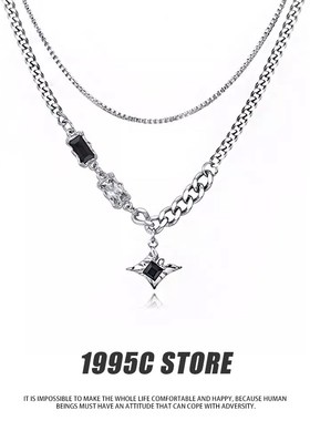 1995C 黑色锆石拼接双层锁骨链女学生四芒星吊坠不掉色项链男中性