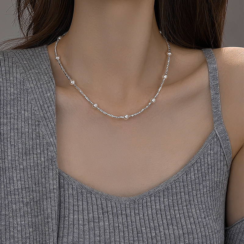 碎银子项链女款珍珠颈链女碎银珍珠项链轻奢小众设计项链2024新款