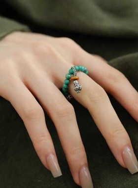 国风绿松佛像莲花弹力绳戒指女小众新中式复古百搭高级感食指戒潮