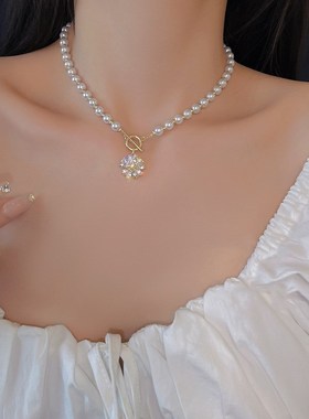 韩版时尚小清新锆石高亮项链珍珠颈链女气质甜美风花朵OT扣锁骨链