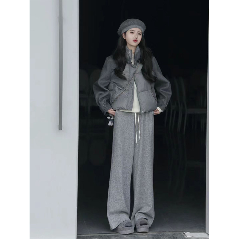羽绒棉服女2023冬季新款小个子一整套搭配灰色休闲阔腿裤两件套装