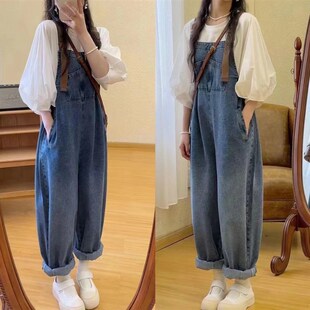 小个子孕妇九分牛仔背带裤女春秋款洋气上衣多口袋腰侧松紧两件套