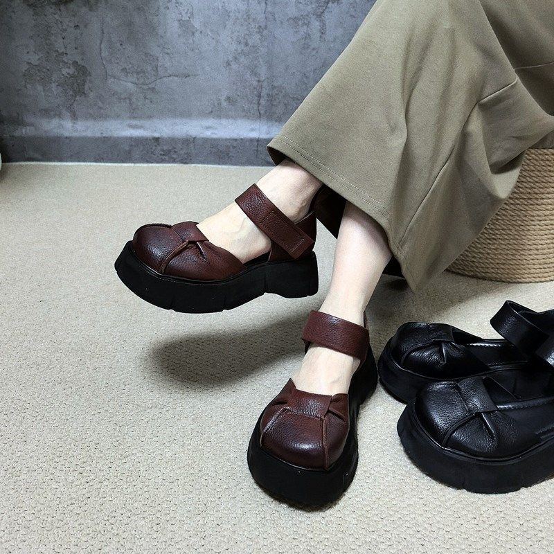 复古轻奢真皮褶皱包头o凉鞋女2025夏季新款厚底中空一字带浅口单,女鞋,罗马凉鞋,淘宝优惠券,粉丝福利购,淘宝优惠卷