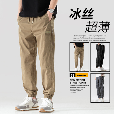 工装裤子男款夏季薄款束脚抽绳弹力冰丝男裤夏款潮流休闲裤子男士