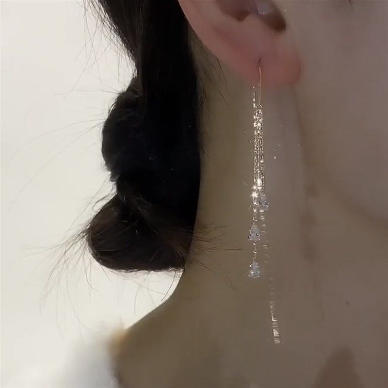 时尚长款锆石耳线防丢耳环天使眼泪耳坠耳钉韩国气质网红流苏耳饰