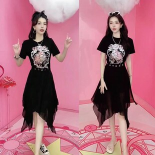 中长款印花d卡通a字连衣裙女夏季显瘦不规则一片式网纱裙两件套潮