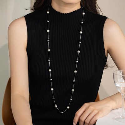 矜贵气质 强光铂金灰大溪地长款珍珠项链毛衣链百搭高级时髦叠戴